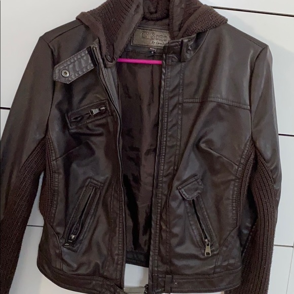 Brown Leather Hooded Jacket w/ Sweater Material - Picture 5 of 11